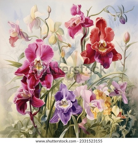 vintage wall art painting watercolor orchidea and other ,  High quality photo