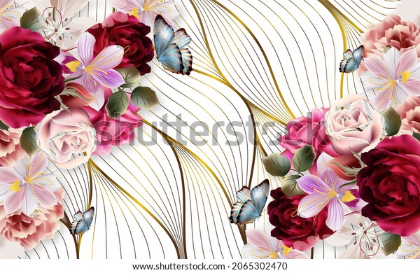 Vintage wallpaper rose Flower and butterfly with golden color abstract background