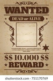 Vintage Wanted Western Poster With Blank Space For Criminal Photo. Mockup Wanted Banner With Frame Photo, Wanted Retro Message Illustration