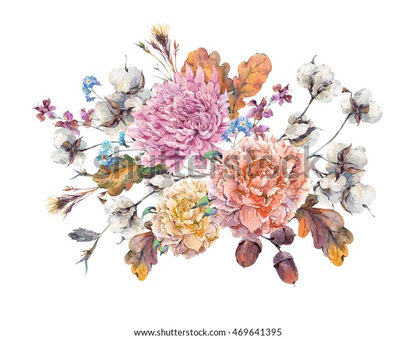 ビンテージ水彩秋の小枝 綿花 黄樫の葉 菊 牡丹 どんぐりのブーケ 植物花柄のイラスト 白い背景にグリーティングカード のイラスト素材
