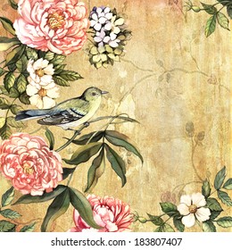 Vintage Watercolor Background With A Bird. Hand Painting. Illustration For Greeting Cards, Invitations, And Other Printing Projects.