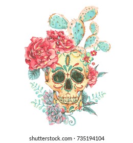 Vintage Watercolor Card With Skull And Roses, Wildflowers, Cactus, Succulent. Hand Drawn Illustration In Boho Style.