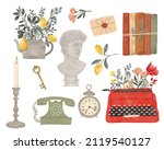 Vintage watercolor elements, retro clip art, books, david bust, vintage phone, envelope, candle, clock, vintage flowers, key, typewriter, sculpture