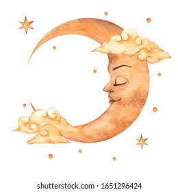 Vintage Watercolor Illustration With Moon And Clouds, Astrology Element, Isolated On White Background