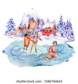 Vintage Watercolor Сhristmas Illustration In Scandinavian Style Of Winter Red Houses Covered With Snow, People Sledding, Ice Skating On A Rink. Snow Outdoor Activities, Enjoying Winter Holidays