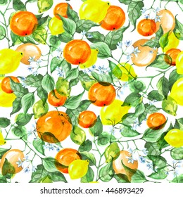     Vintage watercolor pattern - Lemon branch with flowers and leaves. 
Citrus fruits - orange, lime, mandarin