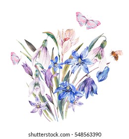 Vintage watercolor spring card with blue wildflowers, blooming snowdrops, scilla, leaves, herbs, butterfly and bee, isolated botanical greeting design on white.
