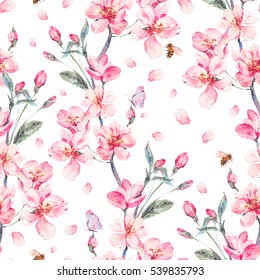 Vintage watercolor spring garden seamless background with pink flowers blooming branches of cherry, peach, pear, sakura, apple trees and butterflies, isolated botanical illustration.