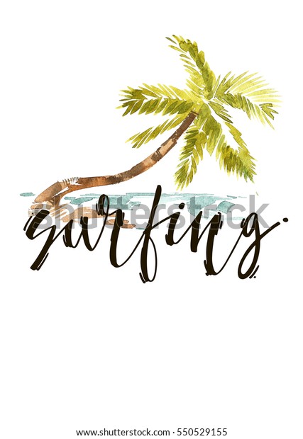 Vintage watercolor summer pacific ocean print\
with typography design, palm trees and lettering. Tropical set,\
fashion print, T-shirt\
design.