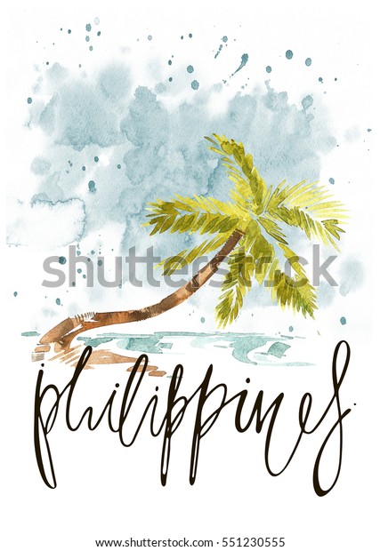 Vintage watercolor summer pacific\
ocean print with typography design, palm trees and\
lettering.