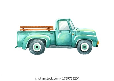 Orange Drawing Watercolor Vintage Truck Clipart Rusty Rustic Country Chevy Pickup Retro Car Hand Painted Clip Art Graphic Design