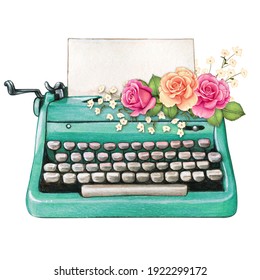 Vintage watercolor turquoise typewriter blank sheet and pink roses