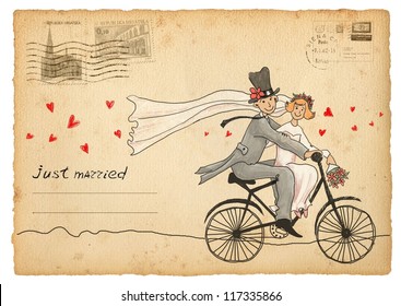 Vintage wedding greetings card. Groom and bride on a bicycle - Powered by Shutterstock