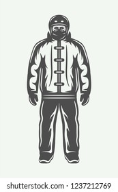 Vintage Winter Sportsman In Ski Suit. Monochrome Graphic Art. Illustration.
