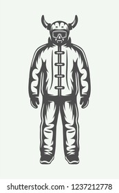 Vintage Winter Sportsman In Ski Suit. Monochrome Graphic Art. Illustration.
