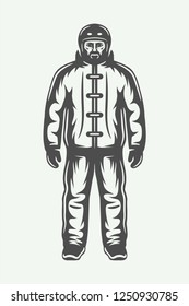 Vintage Winter Sportsman In Ski Suit. Monochrome Graphic Art. Illustration.
