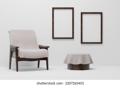 Vintage Wooden Armchair Coffe Table And Wood Frames Mockup. 3D Illustration