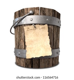 A Vintage Wooden Bucket With Metal Ring Supports And A Handle And A Aged Paper Attached To The Front That Reads Bucket List On An Isolated Background