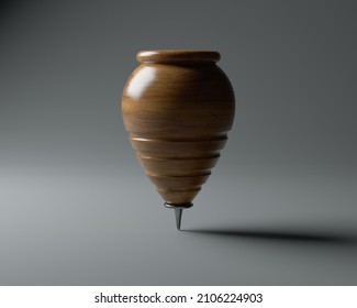 A Vintage Wooden Childs Spinning Top Upright On An Isolated White Studio Background - 3D Render