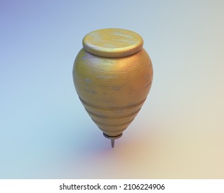 A Vintage Wooden Childs Spinning Top Upright On An Isolated White Studio Background - 3D Render