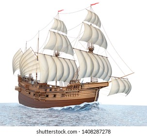 Vintage Wooden Sailing Ship In Water. 3d Illustration Isolated On White