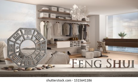 Vintage Wooden Table Shelf With Pebble Balance And 3d Letters Making The Word Feng Shui Over Modern White And Wooden Bedroom In Contemporary Apartment, Zen Concept Interior Design, 3d Illustration