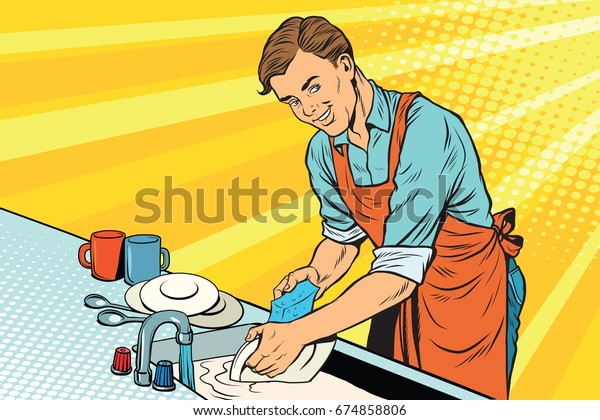 ビンテージワーカーが皿を洗う ポップアートのレトロなイラスト 宿題と掃除のサービス のイラスト素材