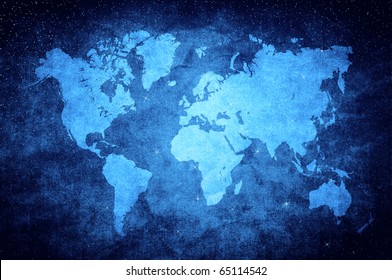 Vintage World Map In Blue Glittering Star Style