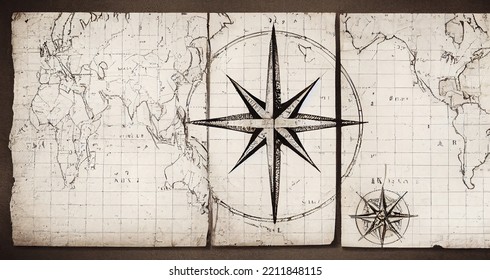 Vintage World Map And Compass Rose Background From 18th Century