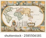 Vintage world map with illustrations. Antique map showing continents, oceans, and decorative art. Historical map with detailed borders and ornate designs. Vintage map art.