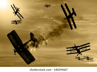 Vintage World War One Biplanes And Triplanes Engaged In A Dog Fight  In A Cloudy Sky. One Had Success In Shooting Down The Enemy Plane. Original Illustration Image.