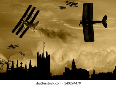 Vintage world war one biplanes and triplanes engaged in a dog fight over a country town. Success in shooting down the enemy plane. Original Illustration image.