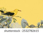 Vintage yellow bird background, aesthetic botanical border. Vintage yellow bird border frame background. Aesthetic yellow bird tropical border on yellow textured background.