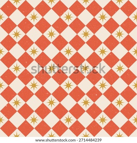 Vintage-inspired seamless pattern with red diamond tiles and gold mid-century stars. Perfect for Christmas wrapping paper, retro textiles, scrapbooking, stationery, digital backgrounds, and festive 