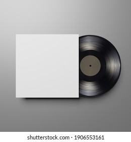 Vinyl LP record with blank cardboard cover on gray background. Mock up design template 