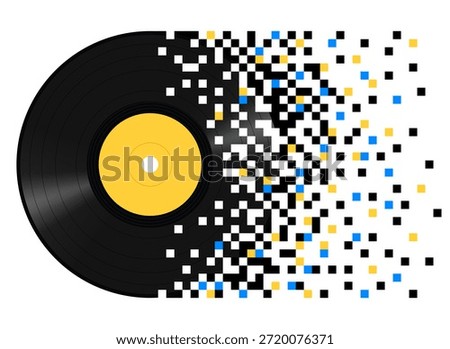 Vinyl record dissolving into digital pixel squares, abstract music concept symbolizing transition from analog to digital, isolated on white background