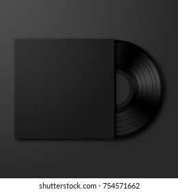 Vinyl record on black background. Stylish vinyl with black blank empty cover mockup template with copyspace for your design.
