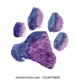 Violet Blue Watercolor Animal Footprint, Isolated. Hand-drawn Dog Paw Print