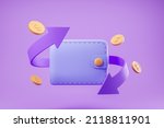 Violet mobile wallet, coins with dollar sign on purple background. Cashback and refund in online shopping. Concept of refund and digital payment. 3D rendering