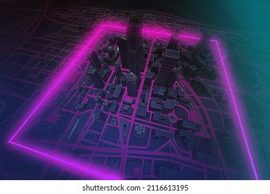 Violet Neon Square Over Dark City Aerial View. 3d Rendering