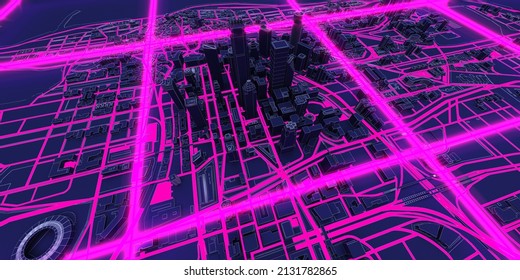 Violet Neon Square Over Dark City Aerial View. 3d Rendering