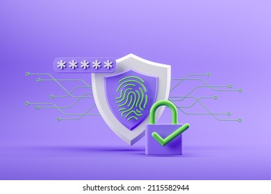 Violet Padlock And Shield With Fingerprint. Password Interface To Log In. Cyber Security, Data Protection And Privacy Concept, Authorization And Authentication. 3D Rendering