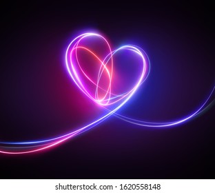 Violet Pink Neon Light Drawing. Abstract Heart Doodle Isolated On Black Background. Glowing Single Line Art. Modern Minimal Concept. Festive Illustration For Valentine Day. Copy Space