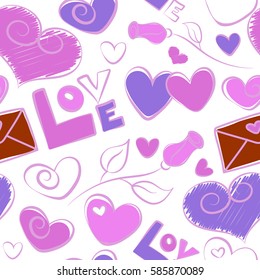 Violet, pink and white pattern on white background. Hearts, love letter, flower and love text. Valentines day background.