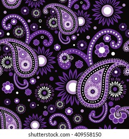 Violet And Purple Paisley Seamless Pattern. 