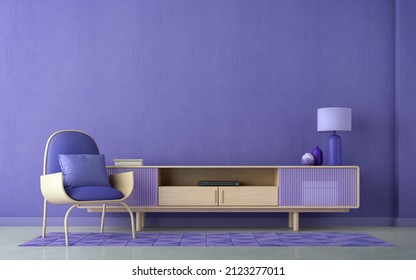 Violet Room Very Peri.Chair,TV Cabinet Lamp And Empty Wall.Modern Design Interior.3d Rendering