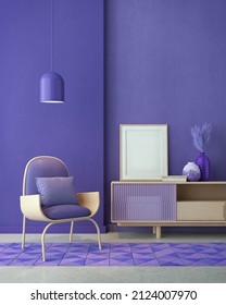 Violet Room Very Peri.Chair,TV Cabinet, Lamp And Blank Canvas.Modern Design Interior.3d Rendering