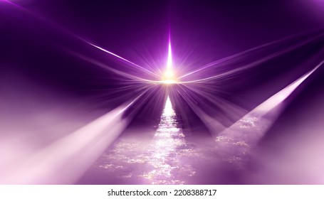 Violet Sun Rays. The Star Burst With Brilliance, Glow Bright Star, Purple Glowing Light Burst. Abstract Background Of Neon Lines And Rays. Purple Light Glow. 3D Rendering