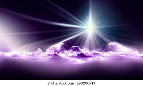 Violet Sun Rays. The Star Burst With Brilliance, Glow Bright Star, Purple Glowing Light Burst. Abstract Background Of Neon Lines And Rays. Purple Light Glow. 3D Rendering