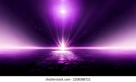 Violet Sun Rays. The Star Burst With Brilliance, Glow Bright Star, Purple Glowing Light Burst. Abstract Background Of Neon Lines And Rays. Purple Light Glow. 3D Rendering